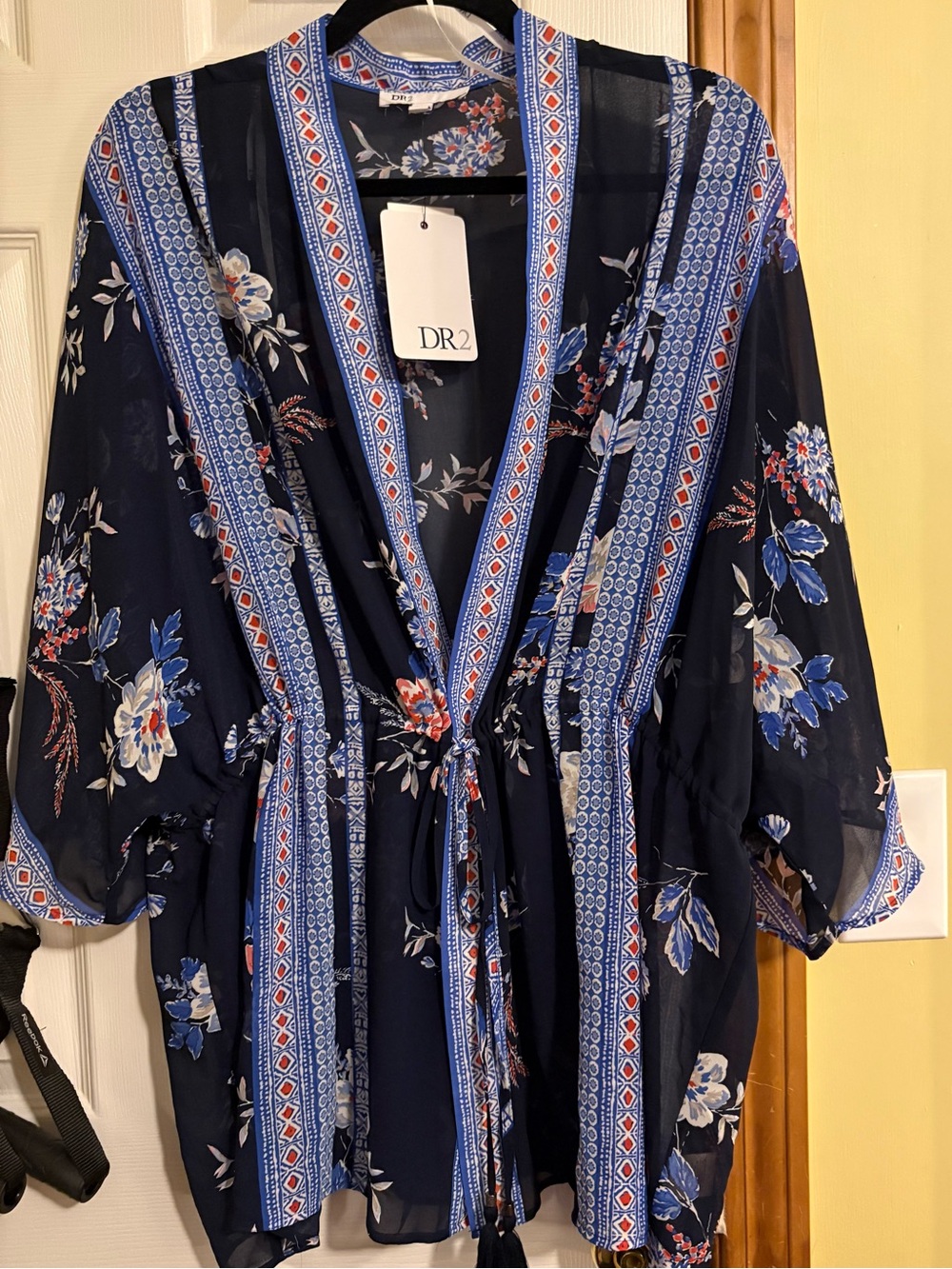 DR2 Navy Blue Floral Tie-Front Kimono Dress